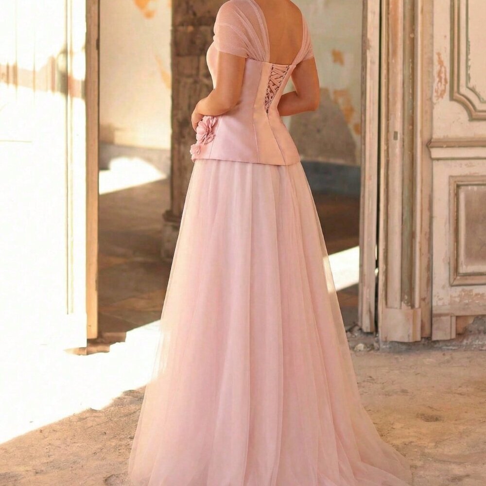 Pink Elegant Women's Satin Mesh Patchwork 3D Floral A-Line Evening Gown - Picture 2 of 6